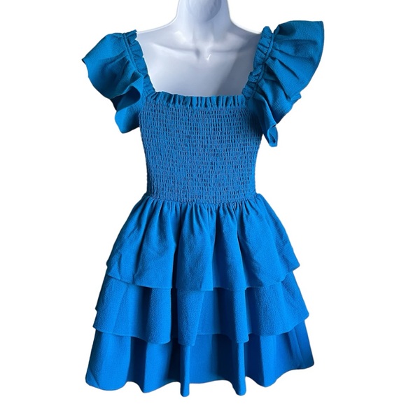 NWT Express Smocked Ruffle Off The Shoulder Dress- Size XS, Blue/Teal - Picture 3 of 11